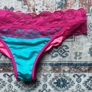 Lace Trim Teal and Pink Women's Bikini Bottom L/XL